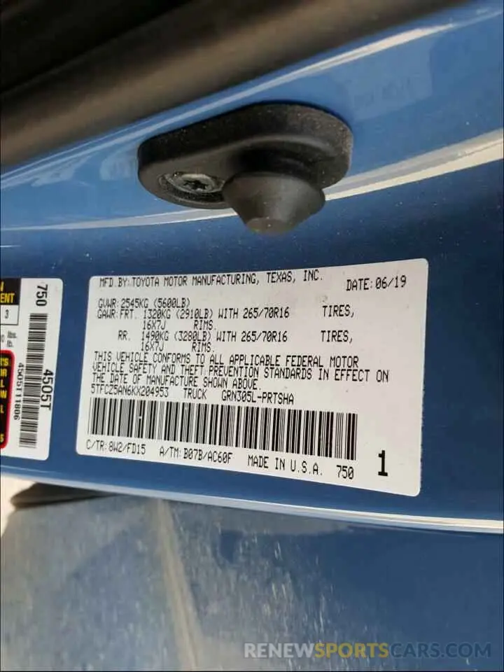 10 fotografías del automóvil dañado 5TFCZ5AN6KX204953 TOYOTA TACOMA 2019
