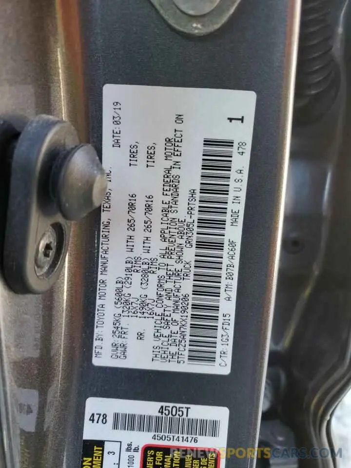14 fotografías del automóvil dañado 5TFCZ5AN7KX190206 TOYOTA TACOMA 2019