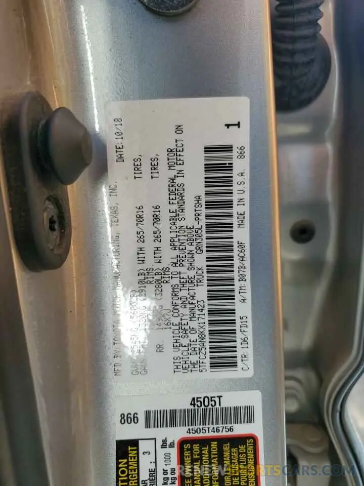 12 fotografías del automóvil dañado 5TFCZ5AN8KX171423 TOYOTA TACOMA 2019