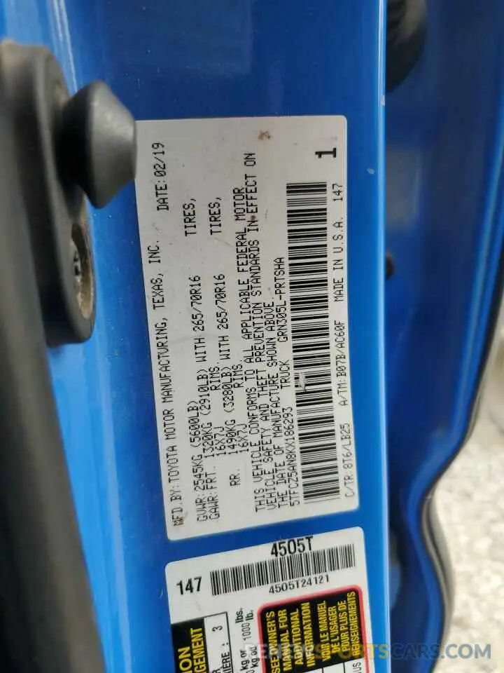 13 fotografías del automóvil dañado 5TFCZ5AN8KX186293 TOYOTA TACOMA 2019