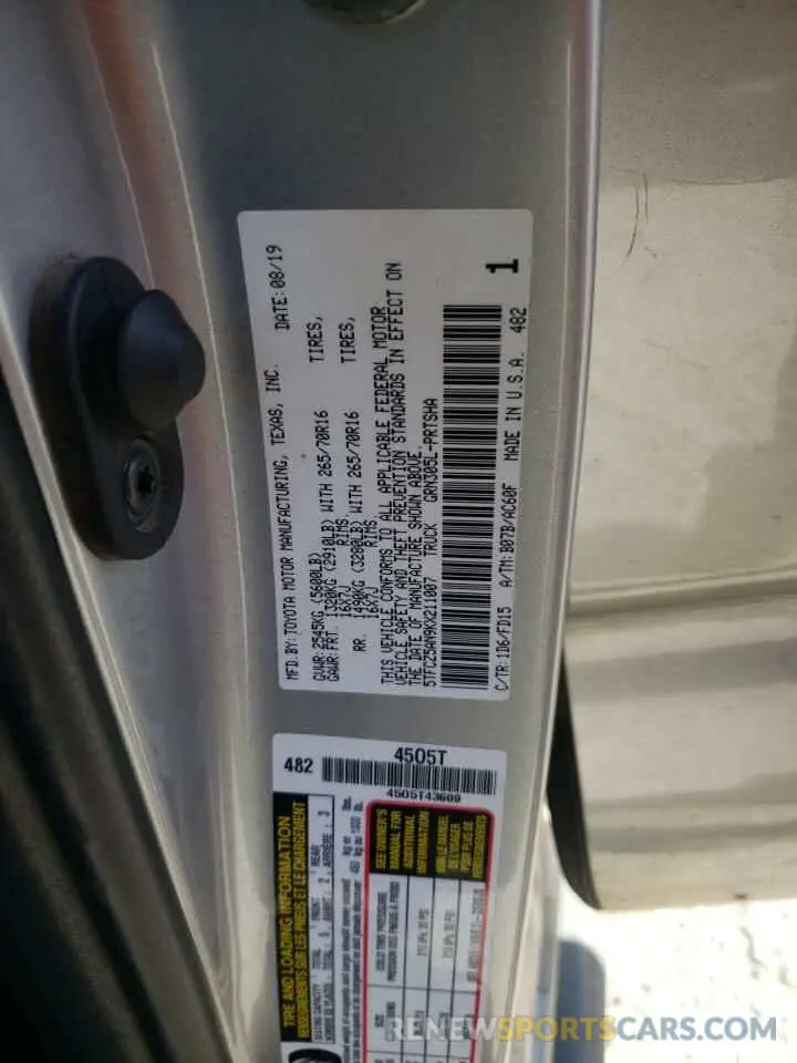 12 fotografías del automóvil dañado 5TFCZ5AN9KX211007 TOYOTA TACOMA 2019