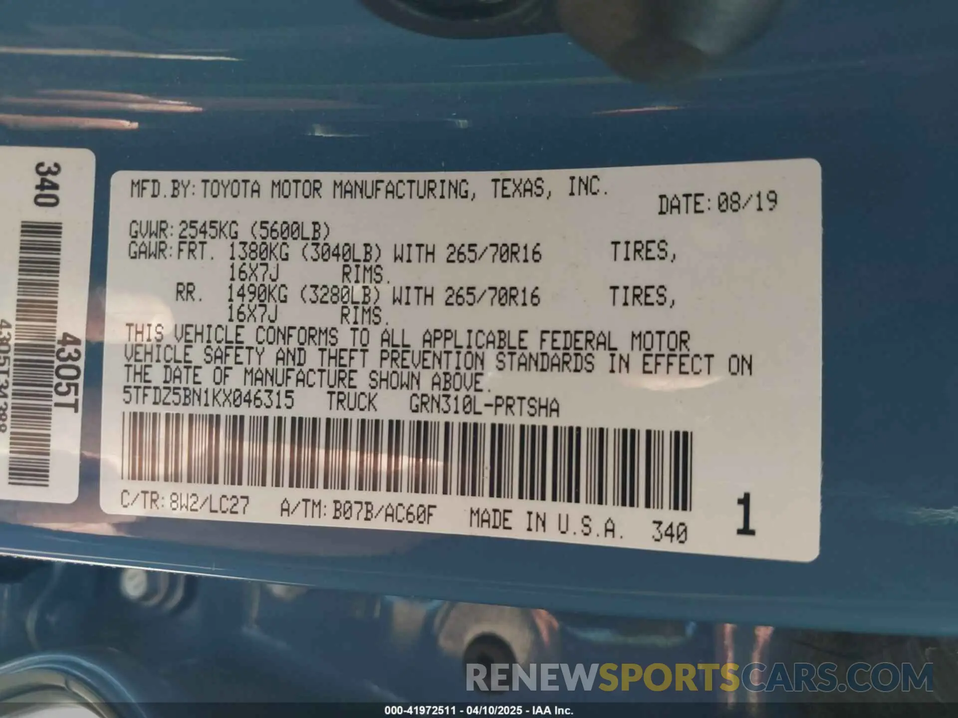 9 fotografías del automóvil dañado 5TFDZ5BN1KX046315 TOYOTA TACOMA 2019