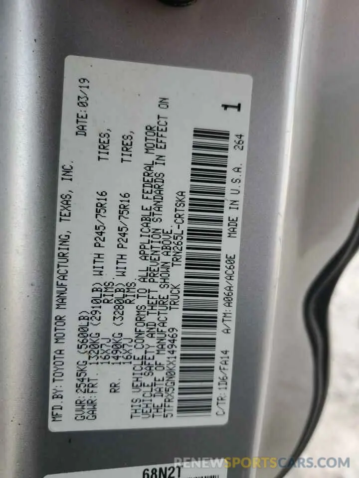 12 fotografías del automóvil dañado 5TFRX5GN0KX149469 TOYOTA TACOMA 2019