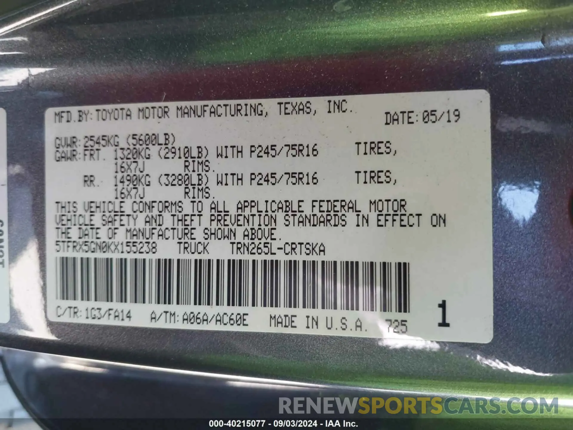 9 fotografías del automóvil dañado 5TFRX5GN0KX155238 TOYOTA TACOMA 2019