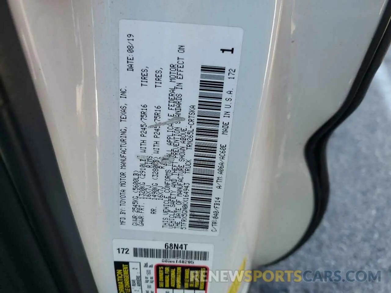 12 fotografías del automóvil dañado 5TFRX5GN0KX164943 TOYOTA TACOMA 2019