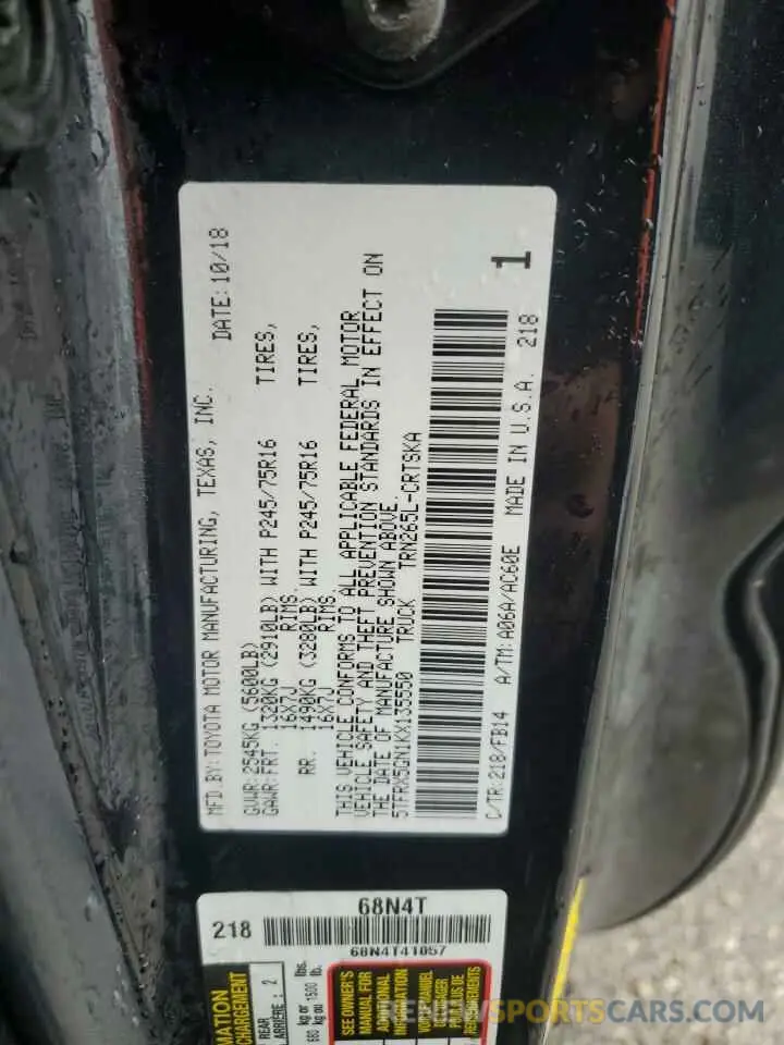 12 fotografías del automóvil dañado 5TFRX5GN1KX135550 TOYOTA TACOMA 2019
