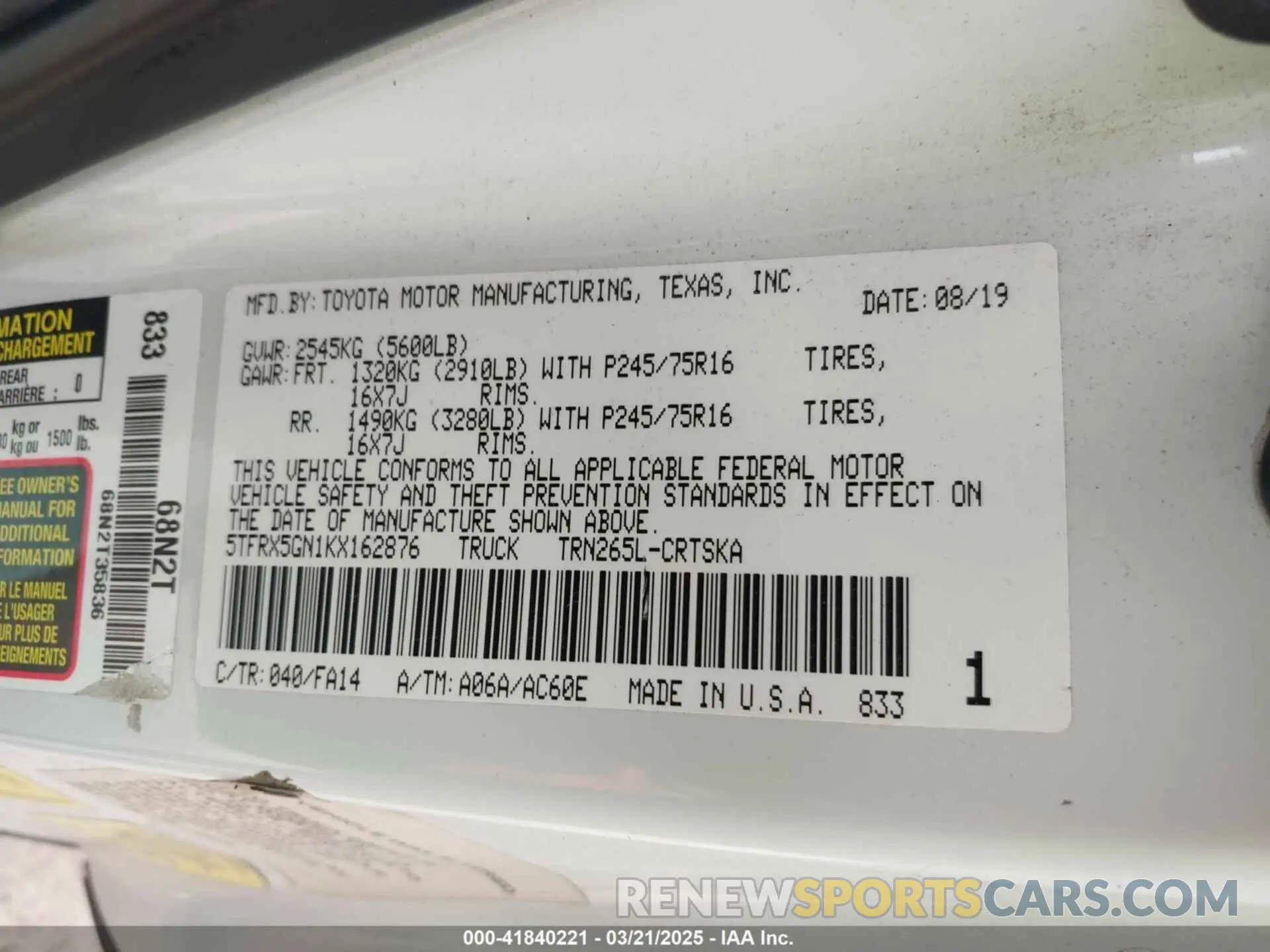 9 fotografías del automóvil dañado 5TFRX5GN1KX162876 TOYOTA TACOMA 2019