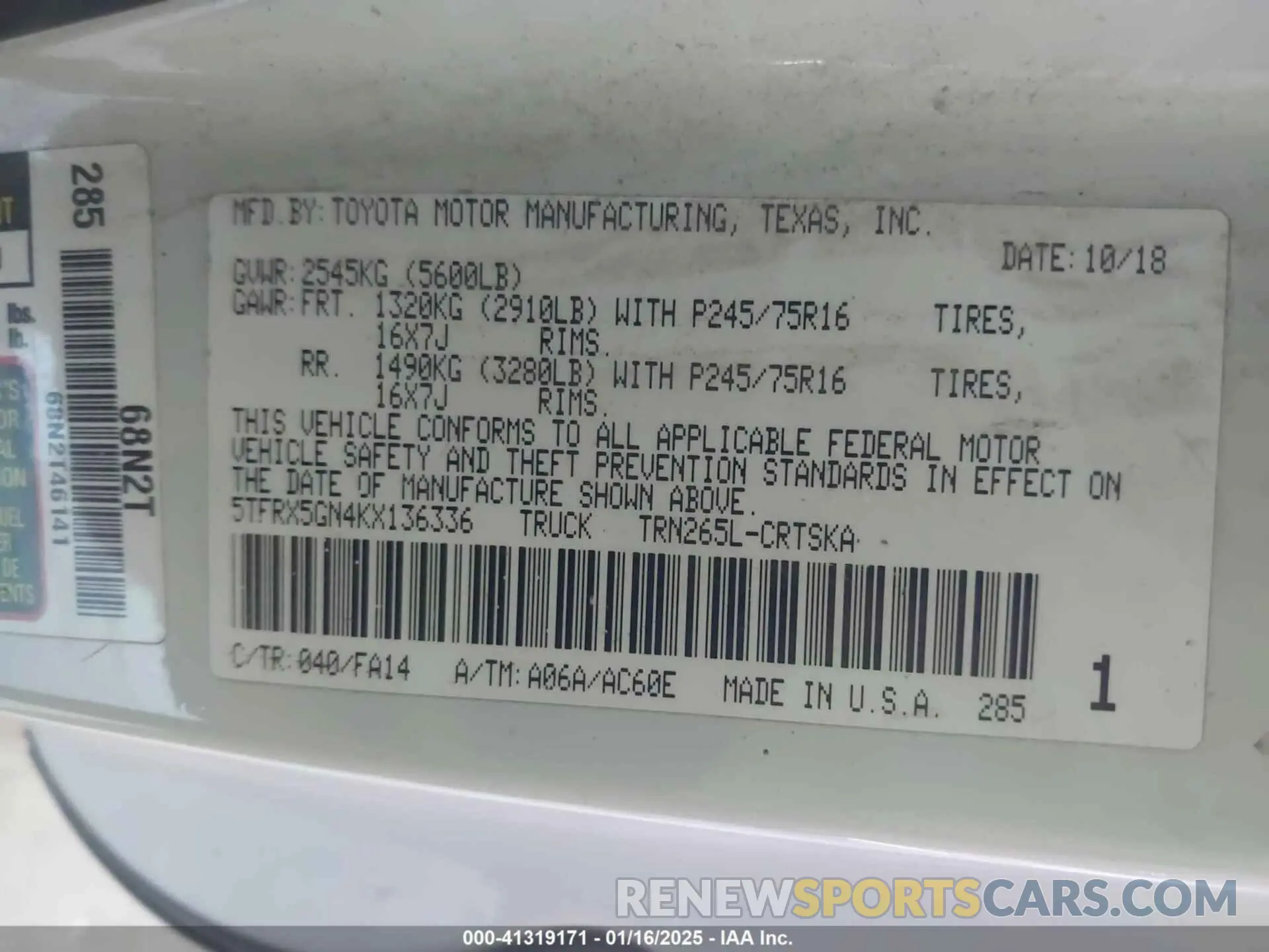 9 fotografías del automóvil dañado 5TFRX5GN4KX136336 TOYOTA TACOMA 2019