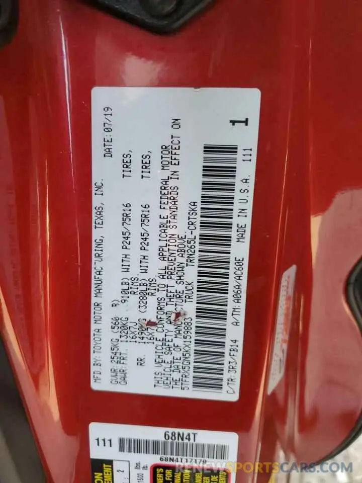 13 fotografías del automóvil dañado 5TFRX5GN5KX159883 TOYOTA TACOMA 2019