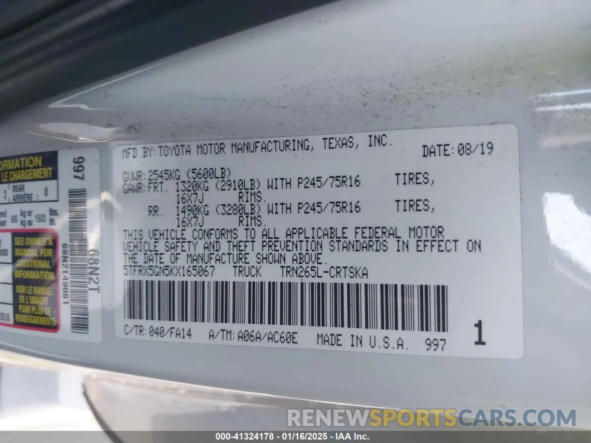 9 fotografías del automóvil dañado 5TFRX5GN5KX165067 TOYOTA TACOMA 2019