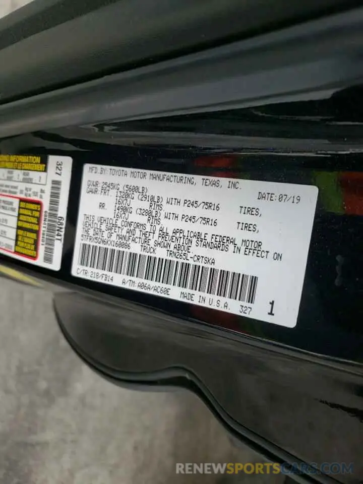 12 fotografías del automóvil dañado 5TFRX5GN6KX160086 TOYOTA TACOMA 2019