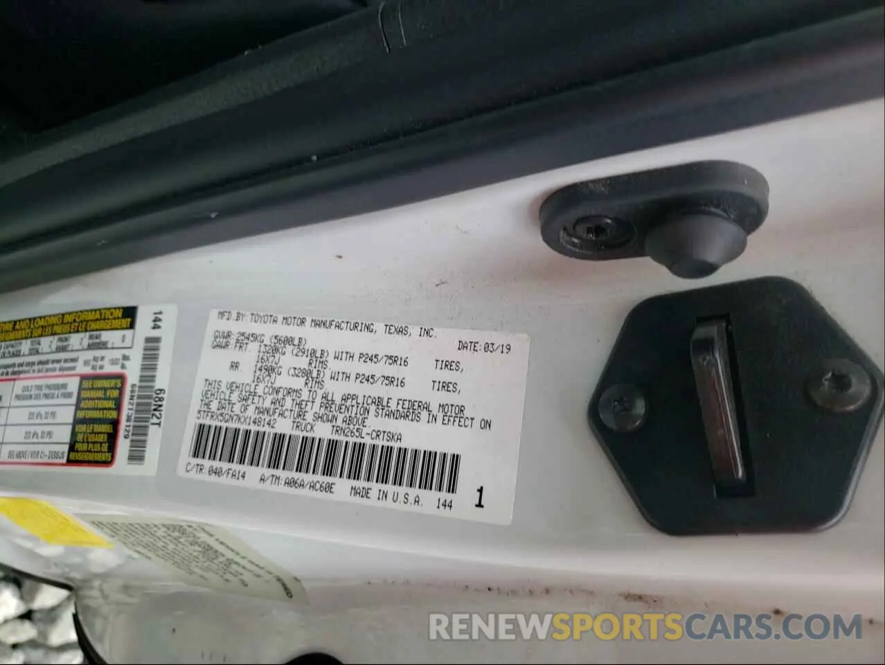 10 fotografías del automóvil dañado 5TFRX5GN7KX148142 TOYOTA TACOMA 2019