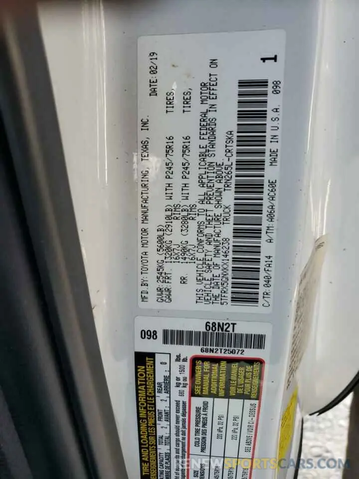 12 fotografías del automóvil dañado 5TFRX5GNXKX146238 TOYOTA TACOMA 2019