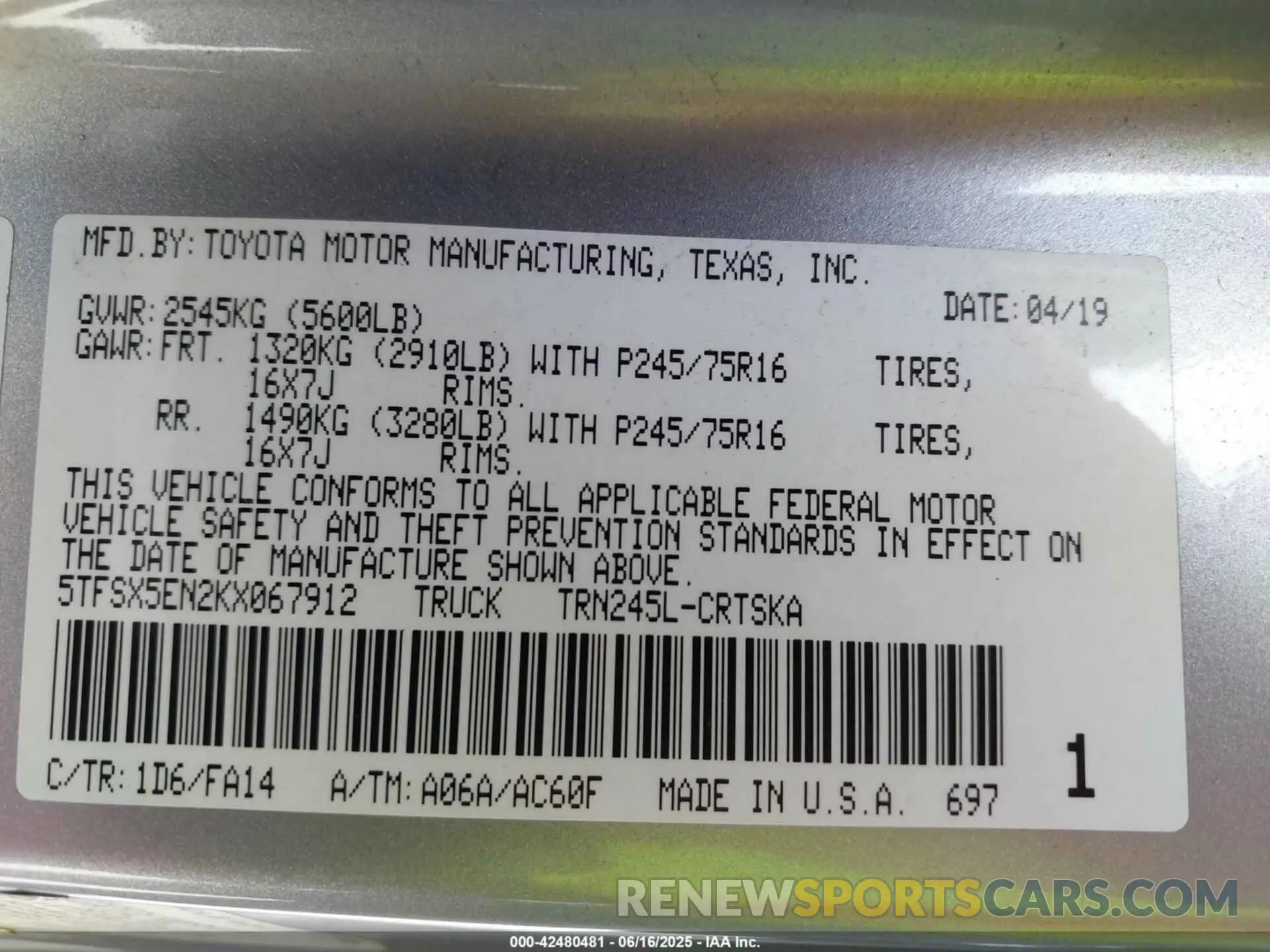 9 fotografías del automóvil dañado 5TFSX5EN2KX067912 TOYOTA TACOMA 2019