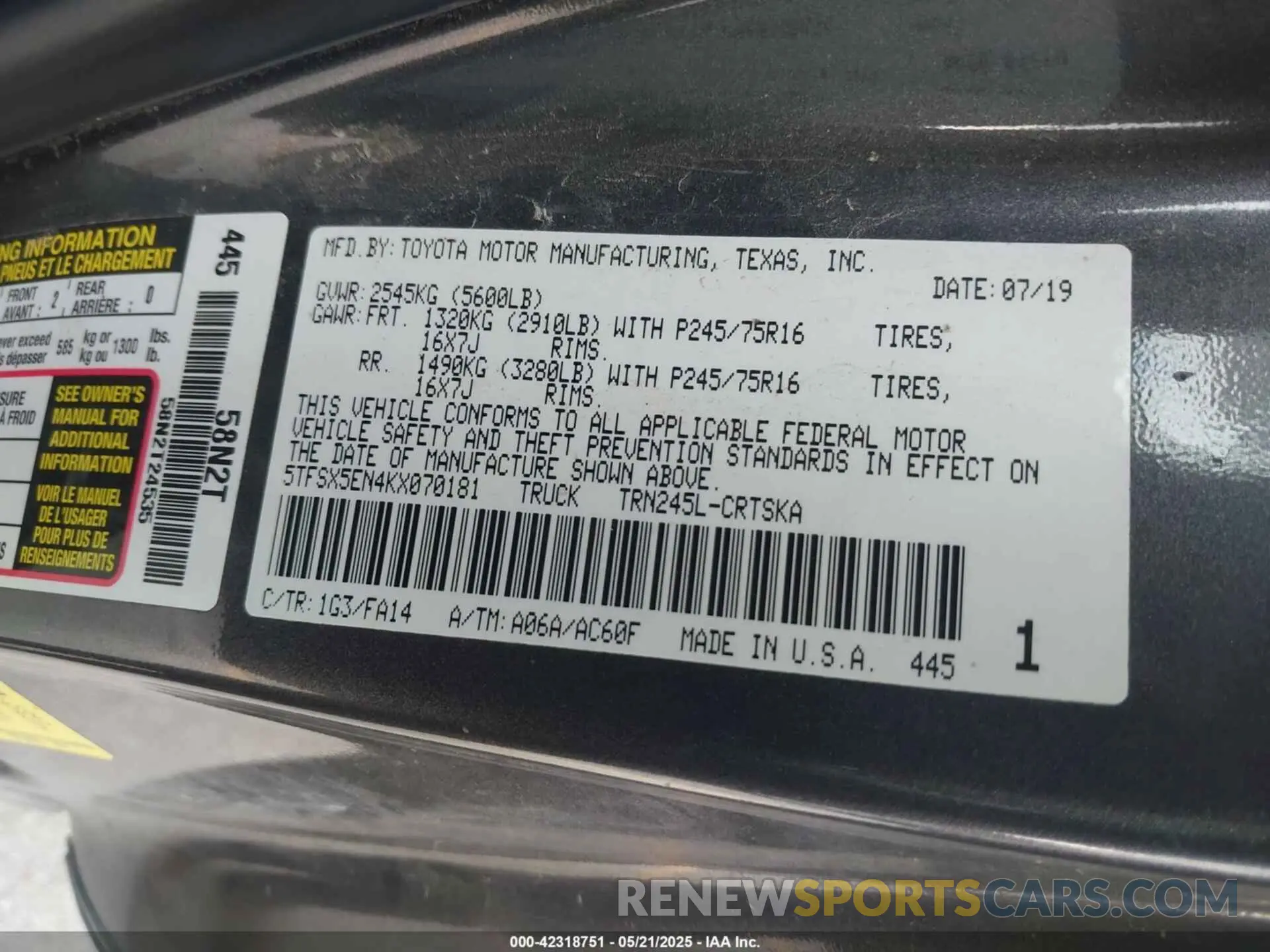 9 fotografías del automóvil dañado 5TFSX5EN4KX070181 TOYOTA TACOMA 2019
