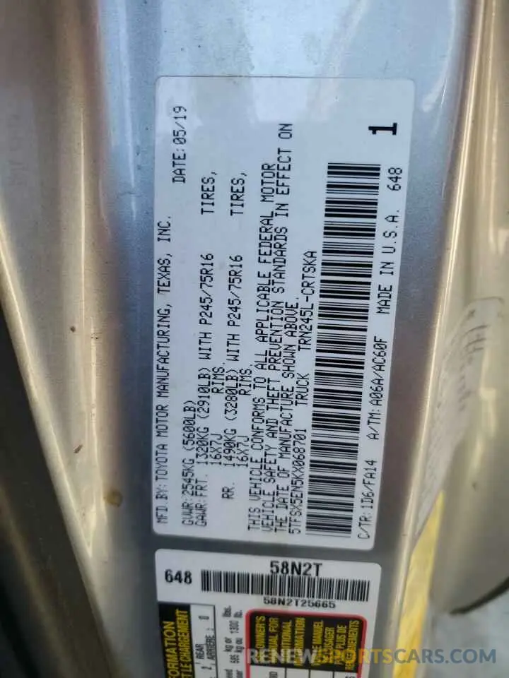 12 fotografías del automóvil dañado 5TFSX5EN5KX068701 TOYOTA TACOMA 2019