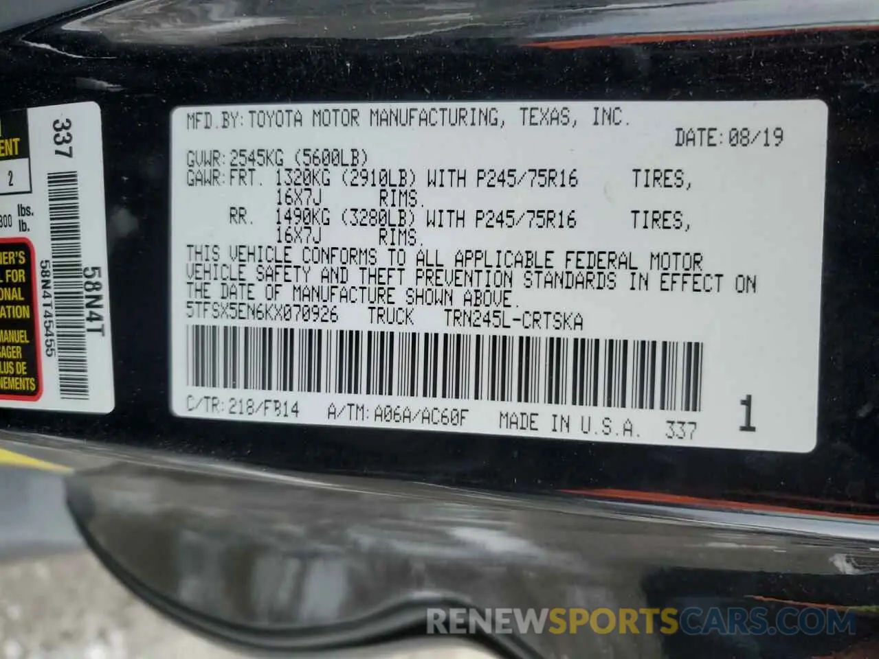 12 fotografías del automóvil dañado 5TFSX5EN6KX070926 TOYOTA TACOMA 2019