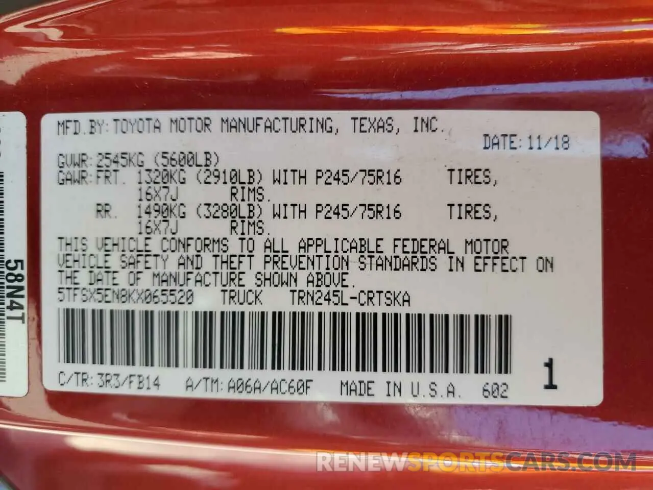 12 fotografías del automóvil dañado 5TFSX5EN8KX065520 TOYOTA TACOMA 2019