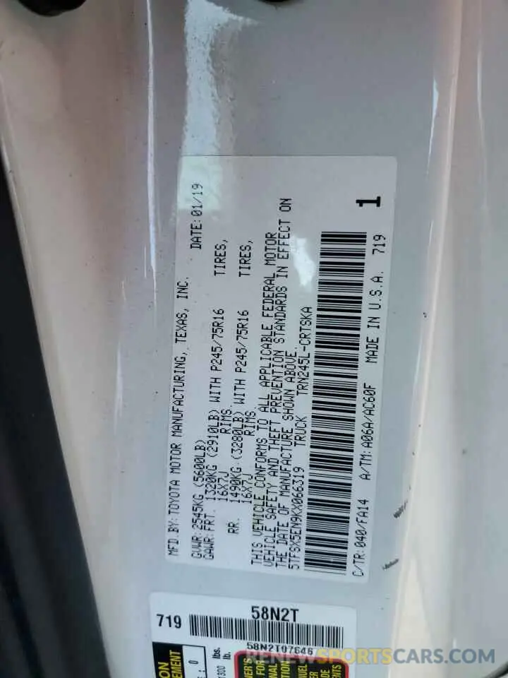 12 fotografías del automóvil dañado 5TFSX5EN9KX066319 TOYOTA TACOMA 2019