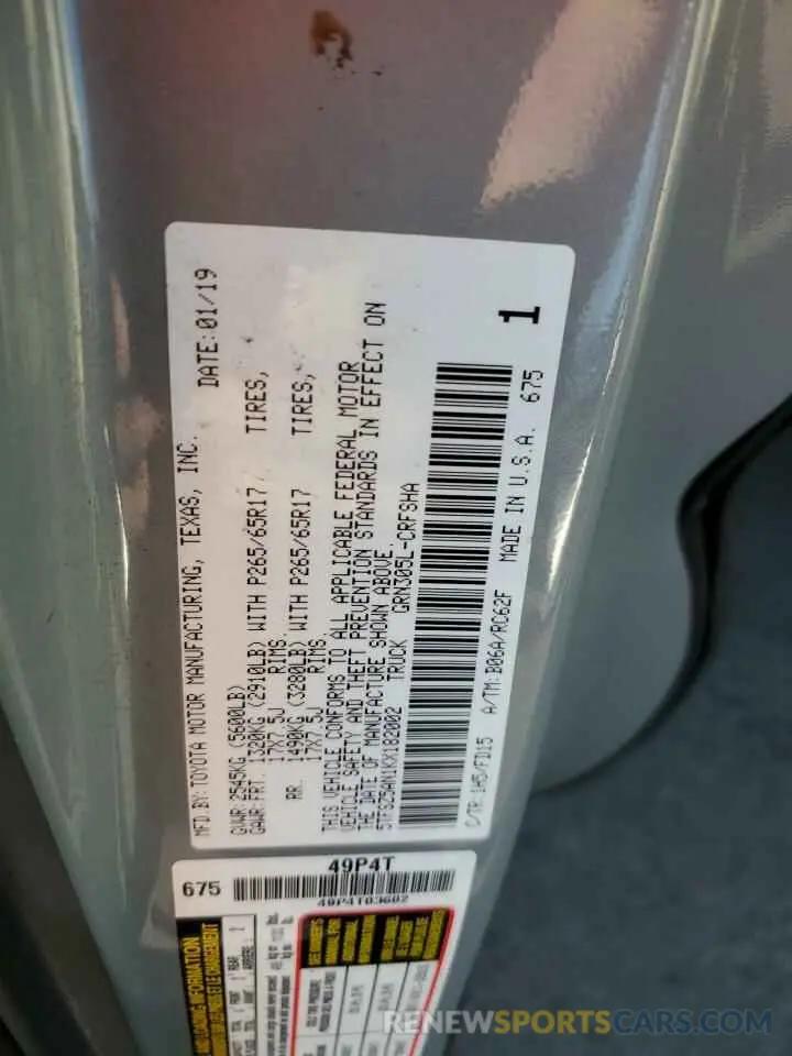 12 fotografías del automóvil dañado 5TFSZ5AN1KX182002 TOYOTA TACOMA 2019