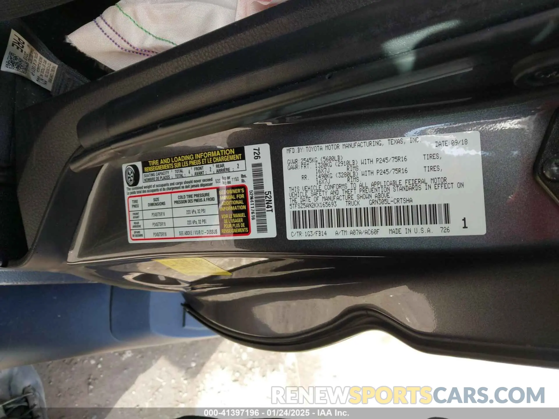9 fotografías del automóvil dañado 5TFSZ5AN2KX165693 TOYOTA TACOMA 2019