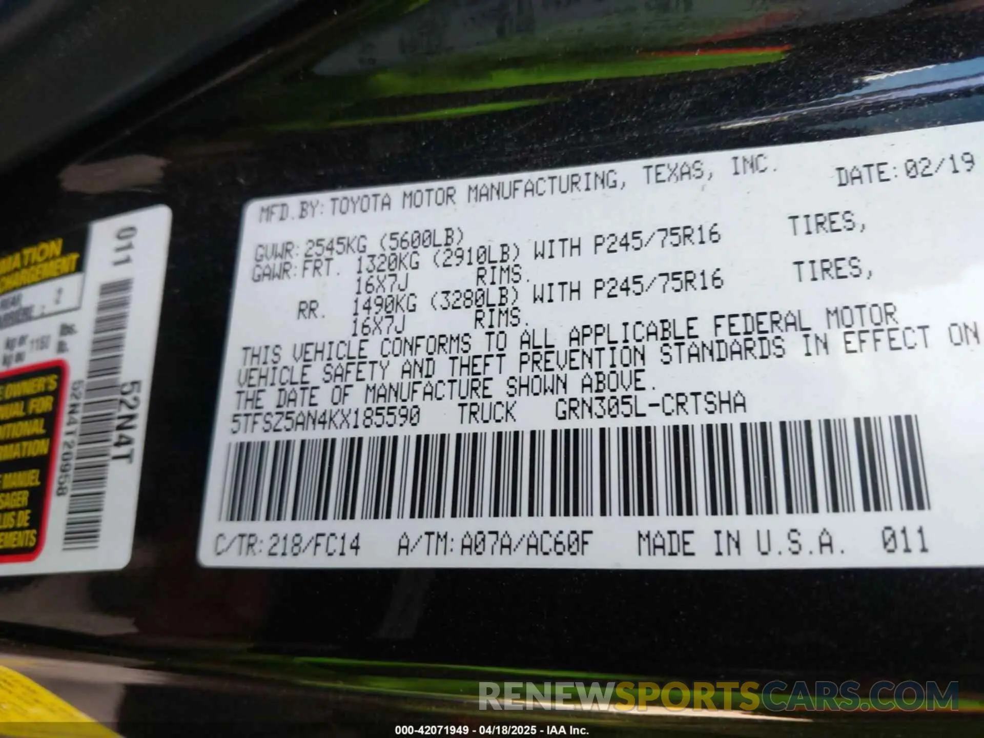 9 fotografías del automóvil dañado 5TFSZ5AN4KX185590 TOYOTA TACOMA 2019