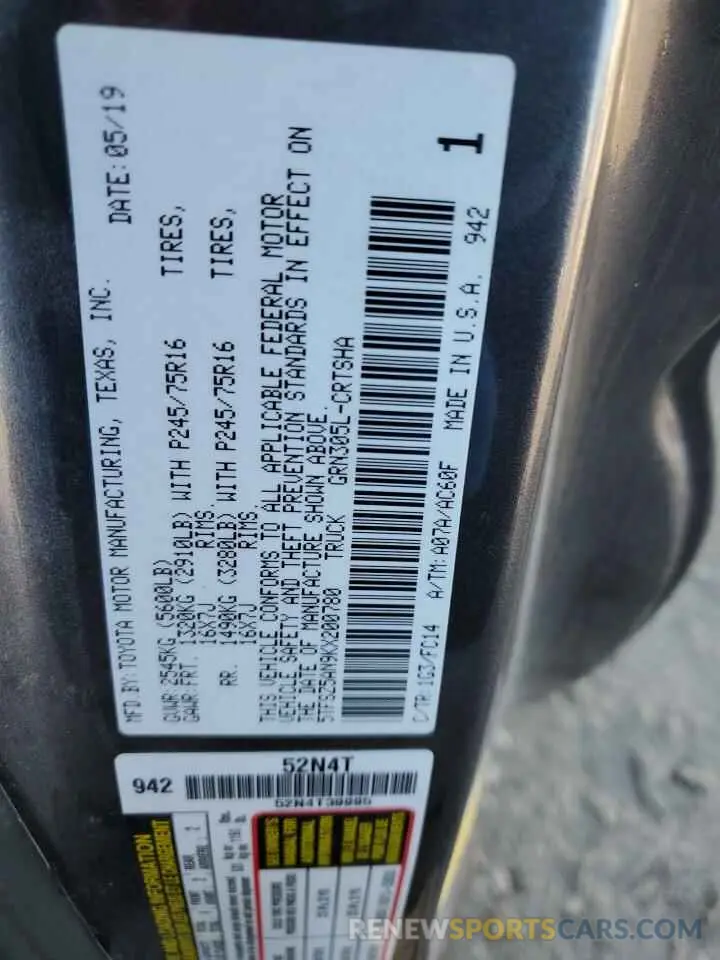 12 fotografías del automóvil dañado 5TFSZ5AN9KX200780 TOYOTA TACOMA 2019