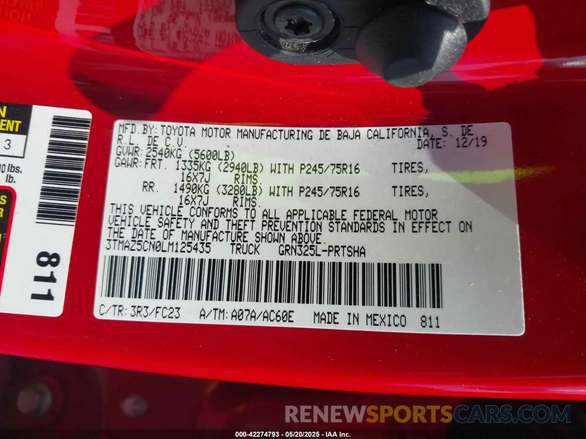 9 fotografías del automóvil dañado 3TMAZ5CN0LM125435 TOYOTA TACOMA 2020