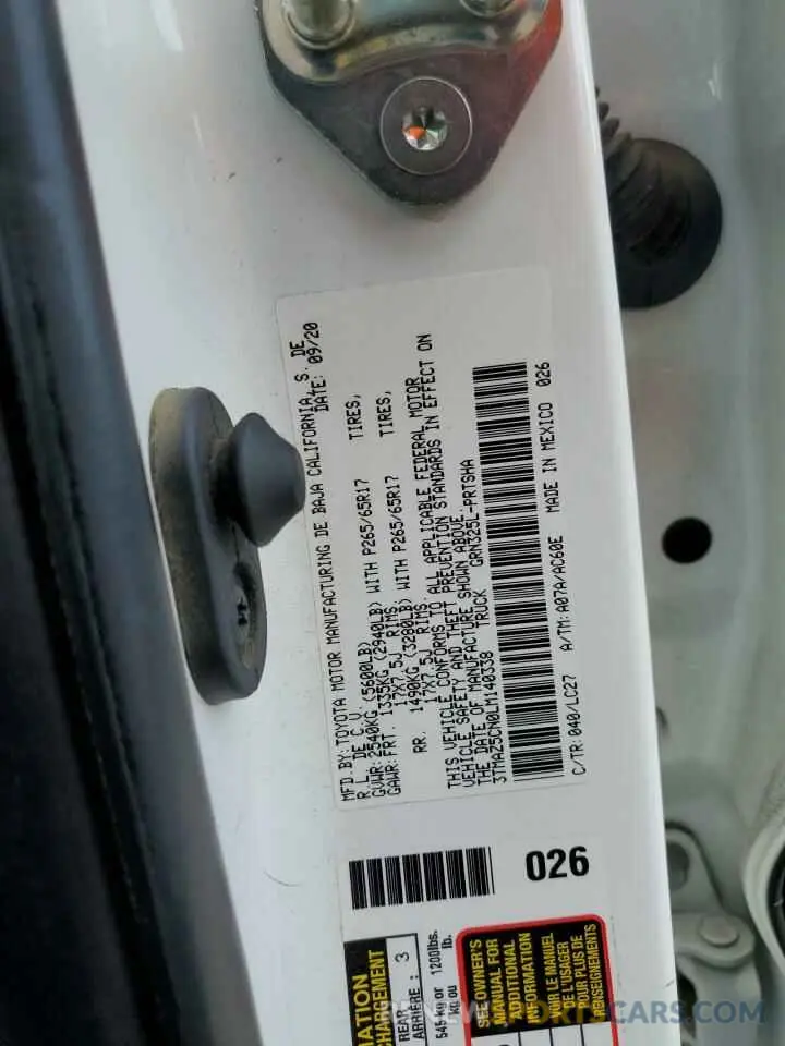 12 fotografías del automóvil dañado 3TMAZ5CN0LM140338 TOYOTA TACOMA 2020