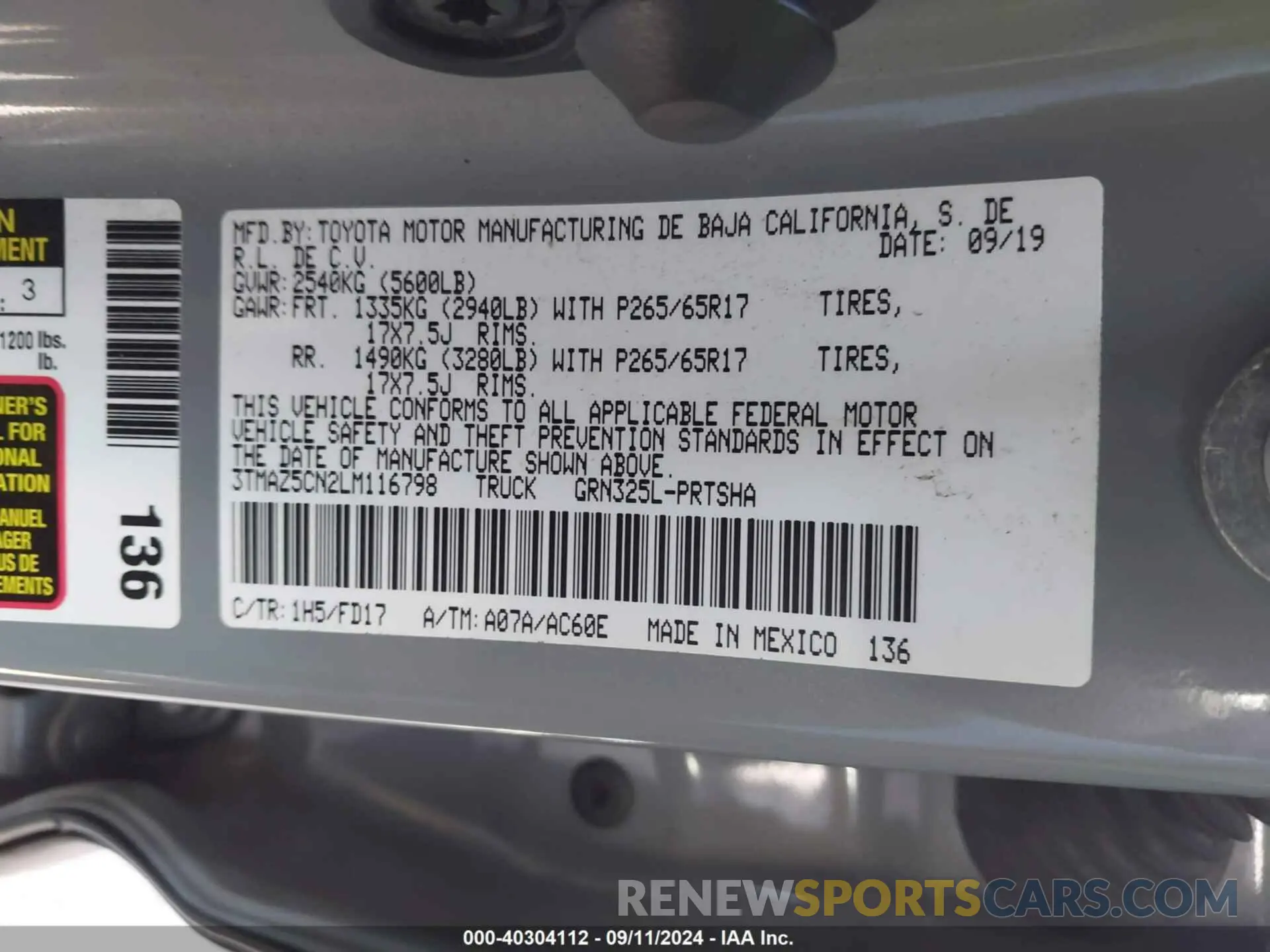 9 fotografías del automóvil dañado 3TMAZ5CN2LM116798 TOYOTA TACOMA 2020