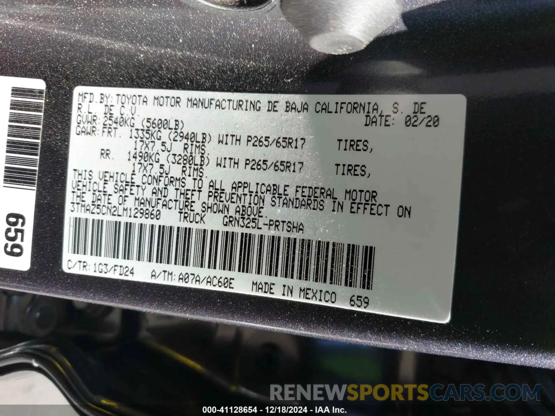 9 fotografías del automóvil dañado 3TMAZ5CN2LM129860 TOYOTA TACOMA 2020