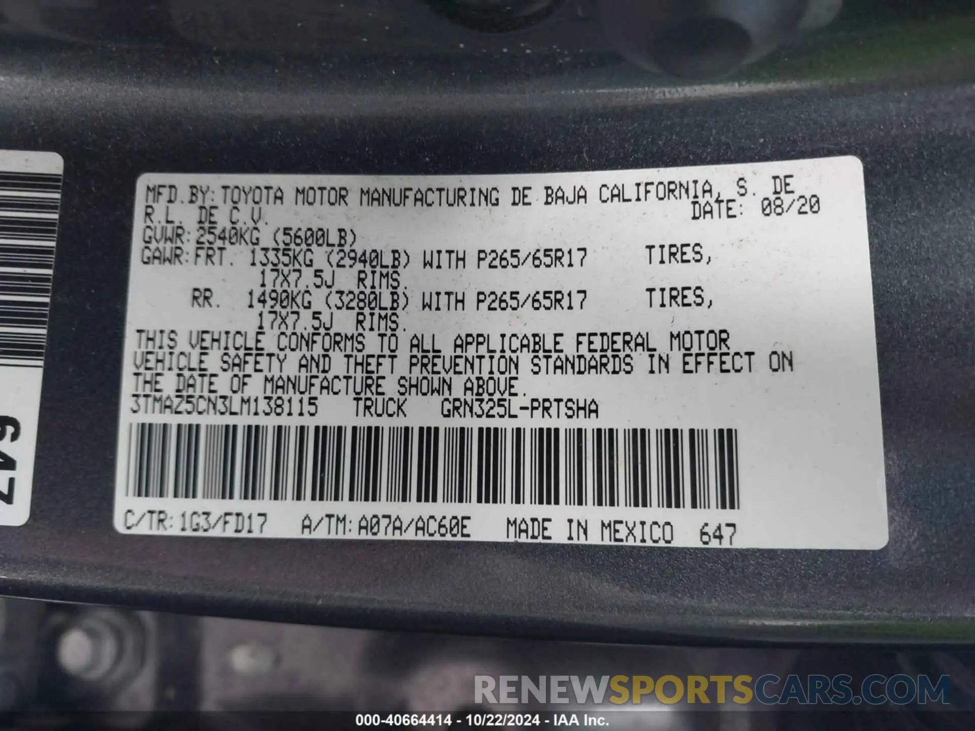9 fotografías del automóvil dañado 3TMAZ5CN3LM138115 TOYOTA TACOMA 2020