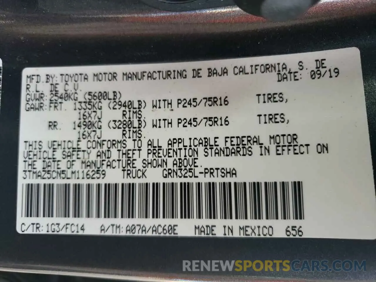 13 fotografías del automóvil dañado 3TMAZ5CN5LM116259 TOYOTA TACOMA 2020