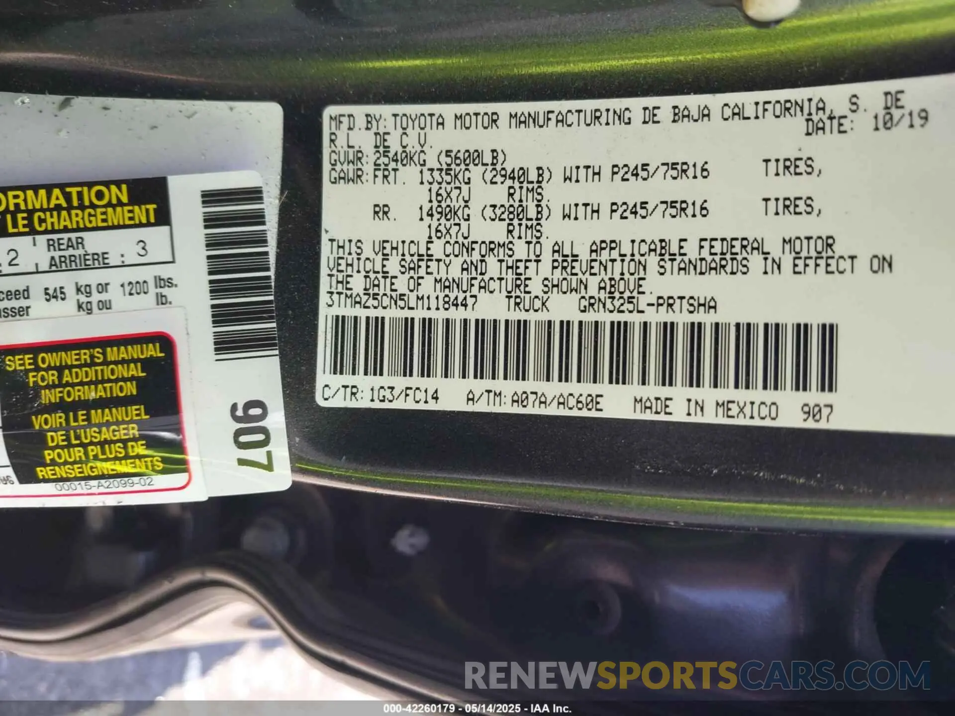 9 fotografías del automóvil dañado 3TMAZ5CN5LM118447 TOYOTA TACOMA 2020