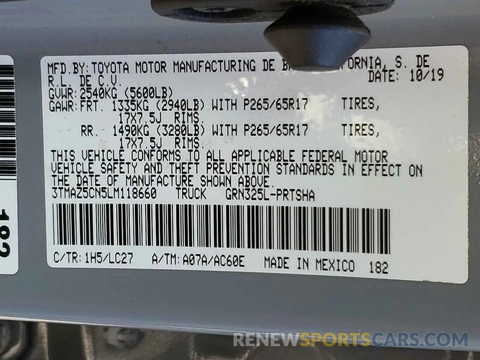 10 fotografías del automóvil dañado 3TMAZ5CN5LM118660 TOYOTA TACOMA 2020