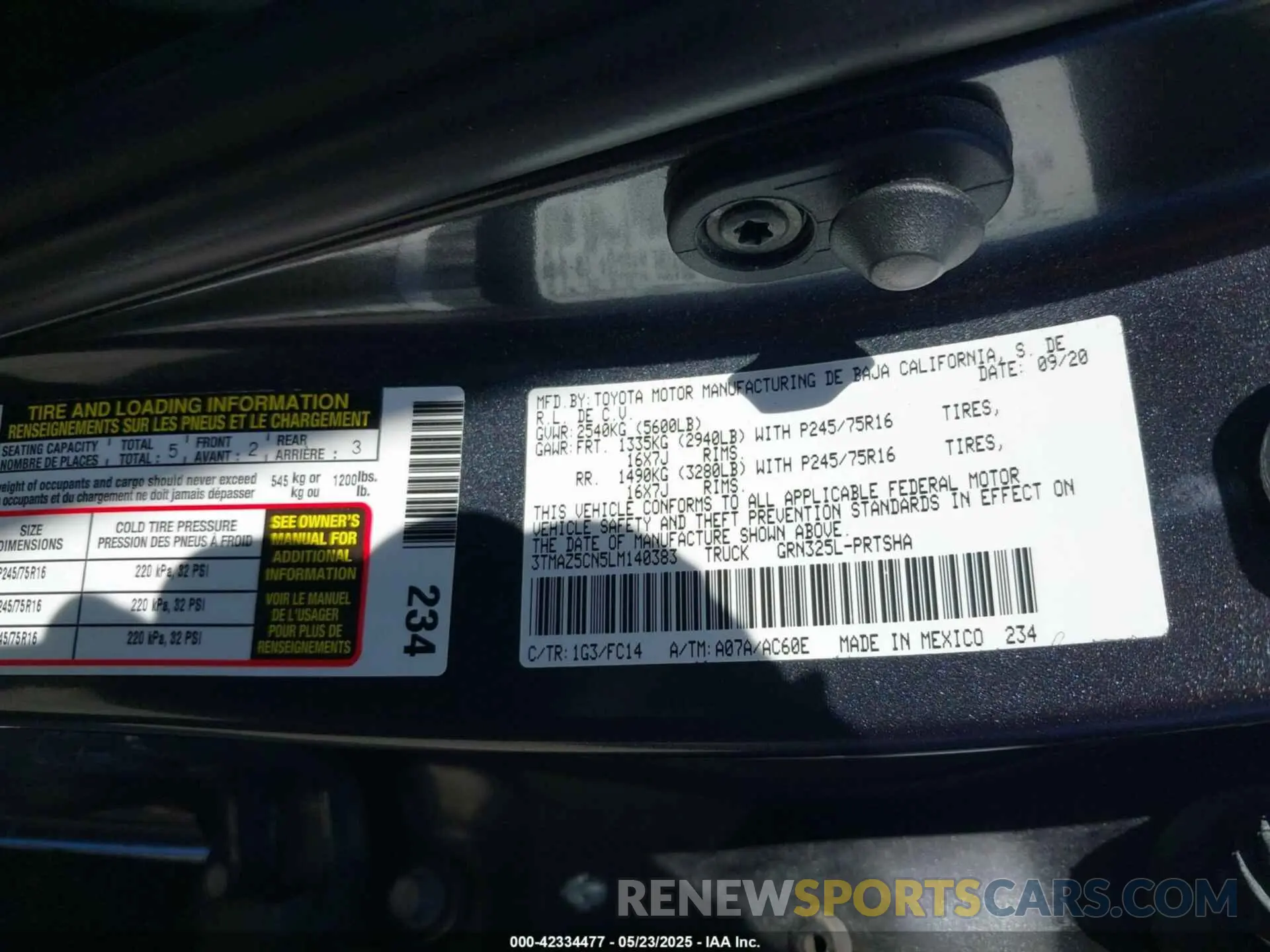 9 fotografías del automóvil dañado 3TMAZ5CN5LM140383 TOYOTA TACOMA 2020