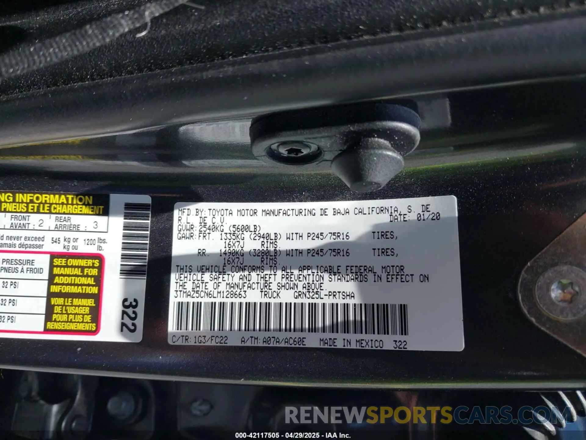 9 fotografías del automóvil dañado 3TMAZ5CN6LM128663 TOYOTA TACOMA 2020