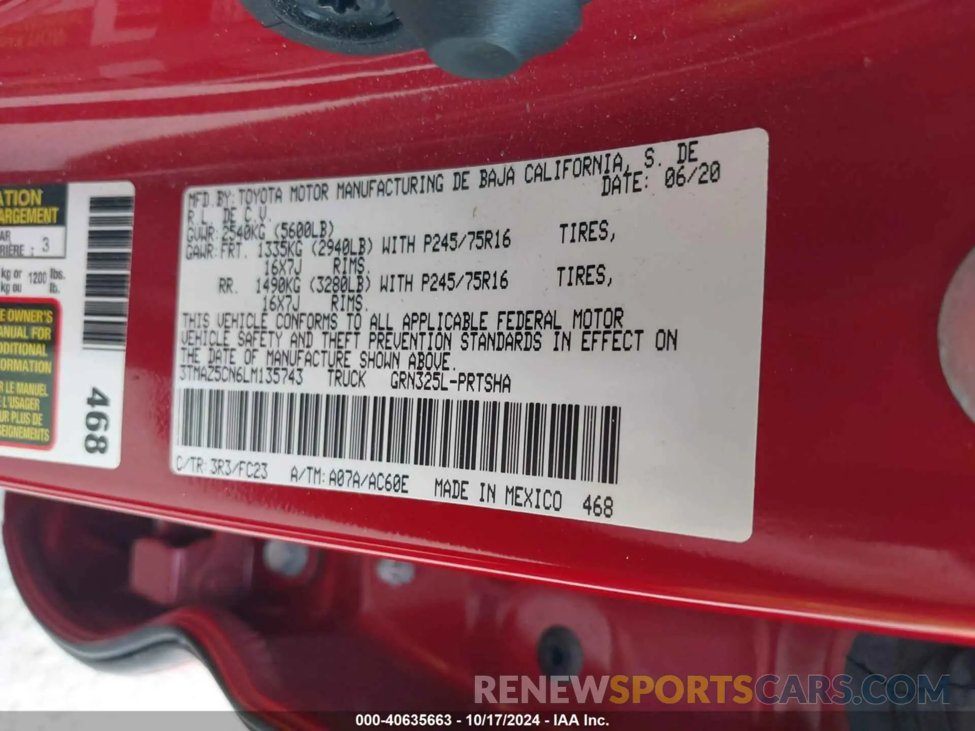 9 fotografías del automóvil dañado 3TMAZ5CN6LM135743 TOYOTA TACOMA 2020