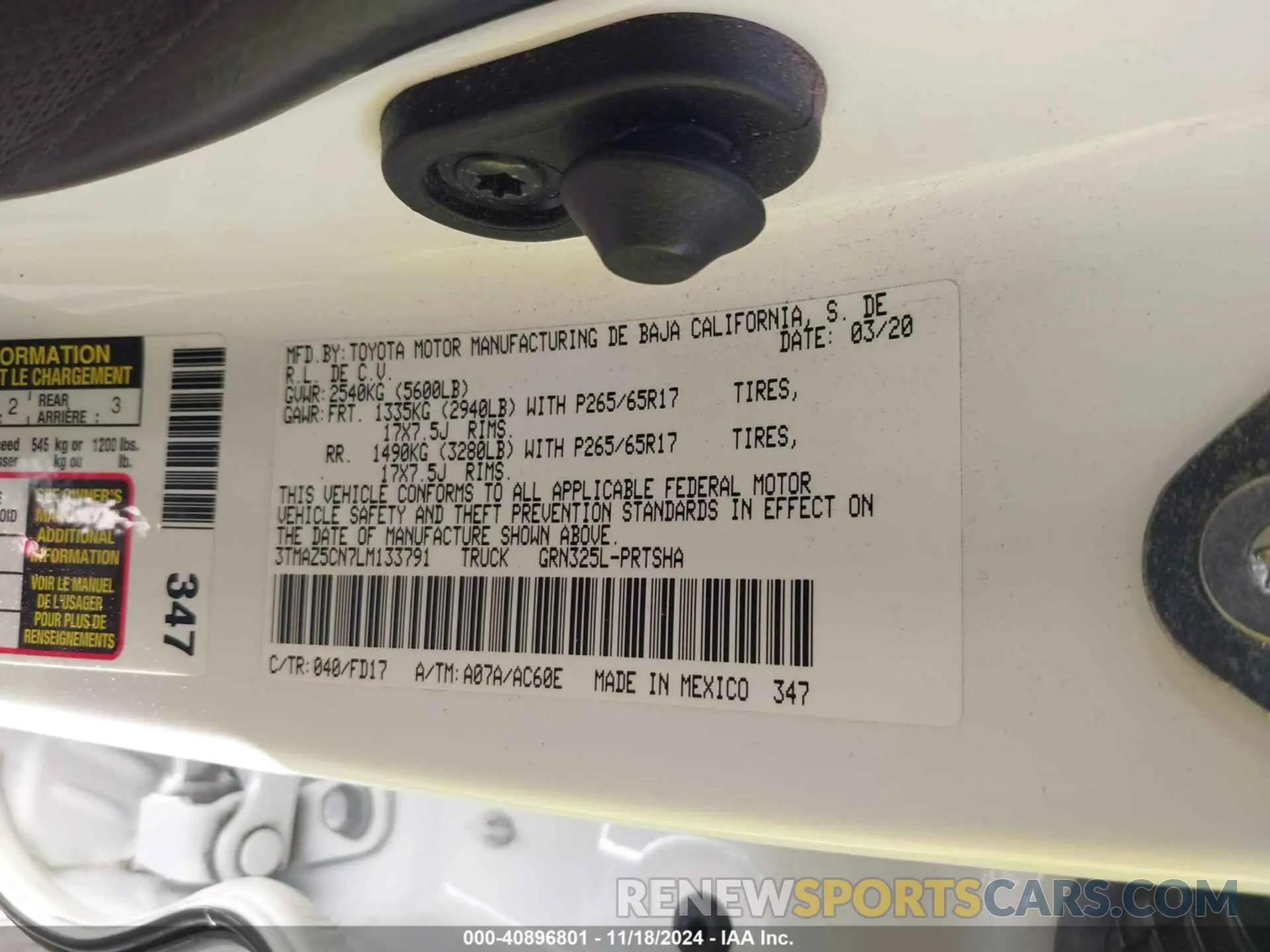 9 fotografías del automóvil dañado 3TMAZ5CN7LM133791 TOYOTA TACOMA 2020
