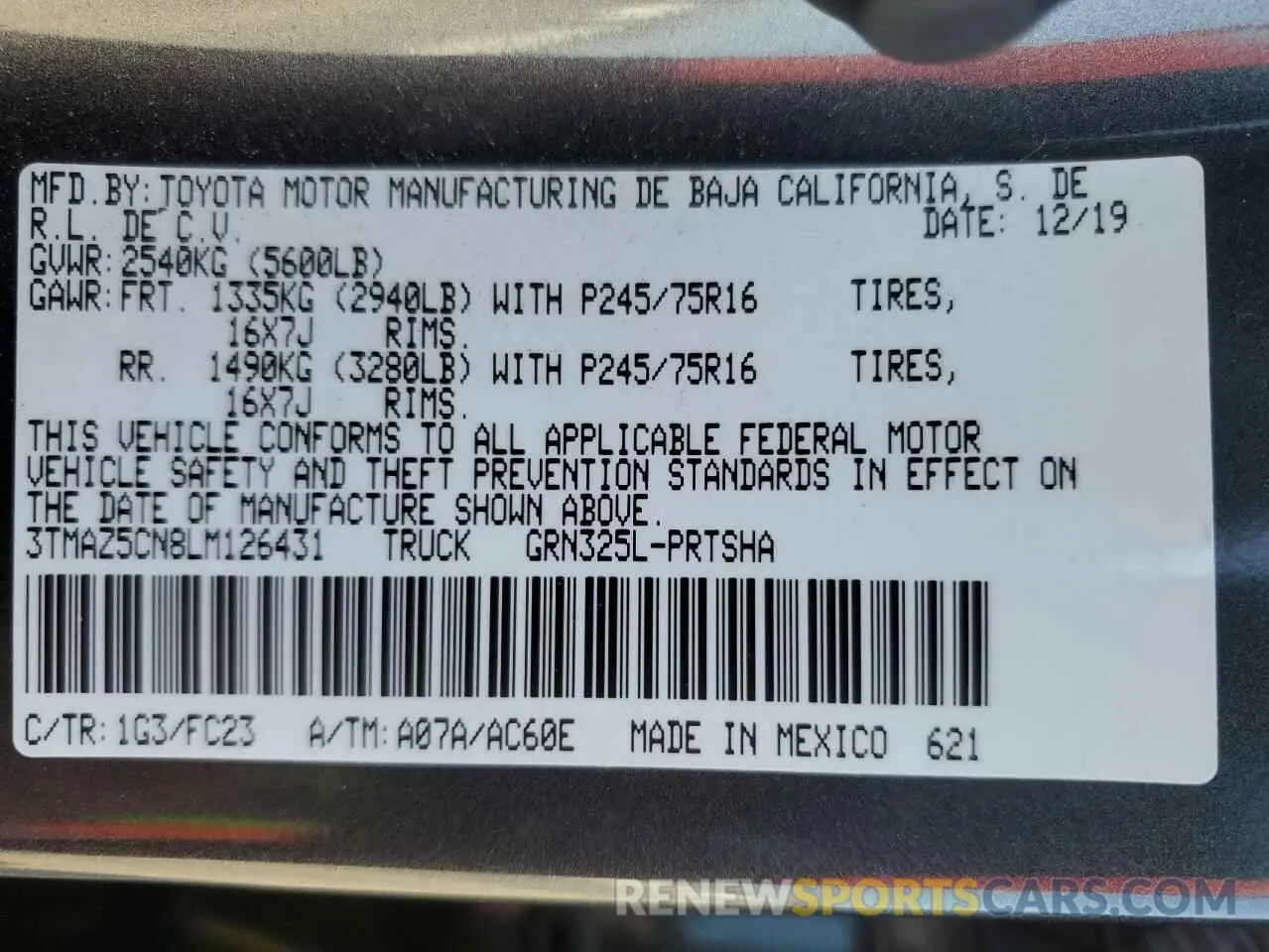13 fotografías del automóvil dañado 3TMAZ5CN8LM126431 TOYOTA TACOMA 2020