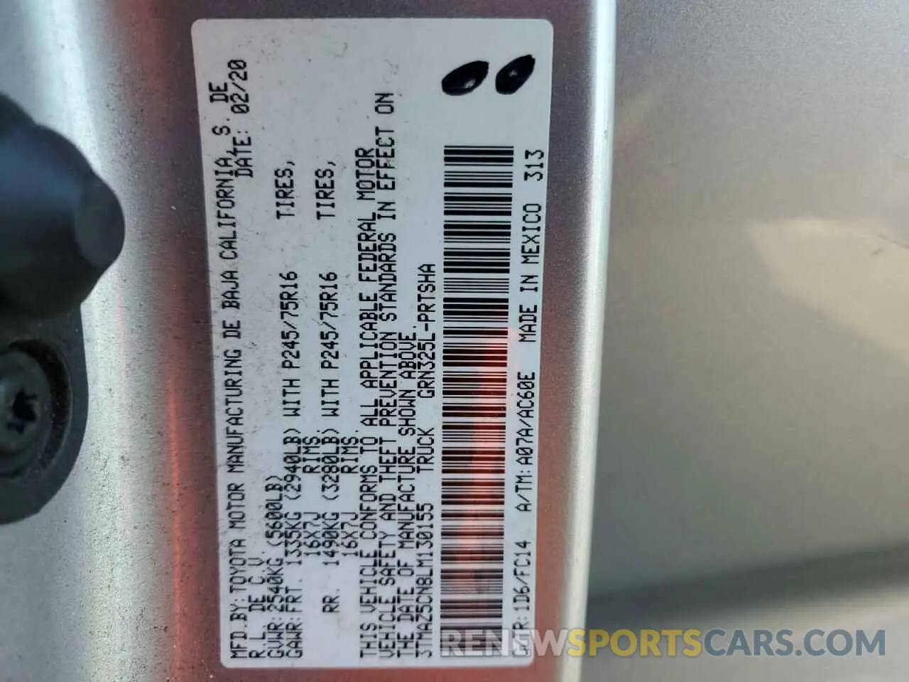 12 fotografías del automóvil dañado 3TMAZ5CN8LM130155 TOYOTA TACOMA 2020