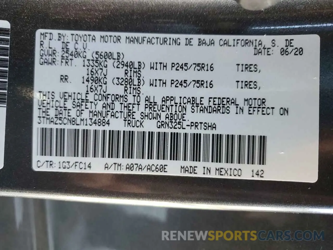 14 fotografías del automóvil dañado 3TMAZ5CN8LM134884 TOYOTA TACOMA 2020
