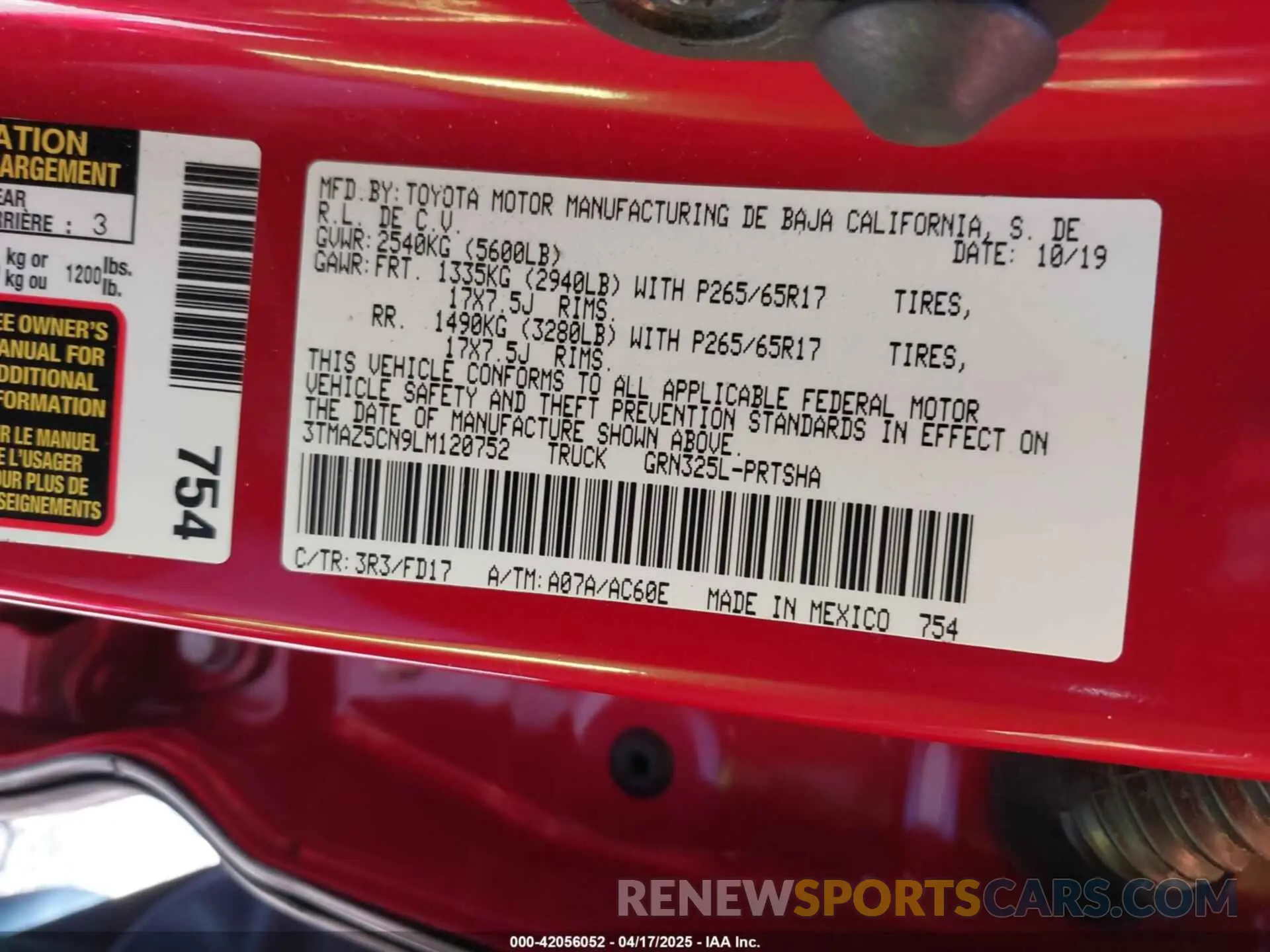 9 fotografías del automóvil dañado 3TMAZ5CN9LM120752 TOYOTA TACOMA 2020