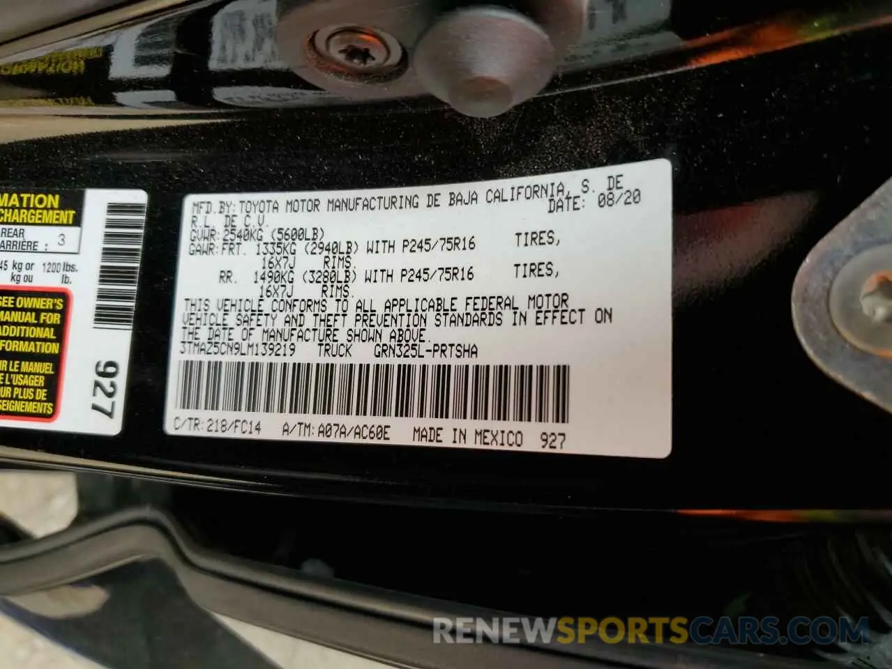 10 fotografías del automóvil dañado 3TMAZ5CN9LM139219 TOYOTA TACOMA 2020