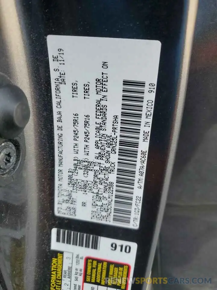 12 fotografías del automóvil dañado 3TMAZ5CNXLM122588 TOYOTA TACOMA 2020