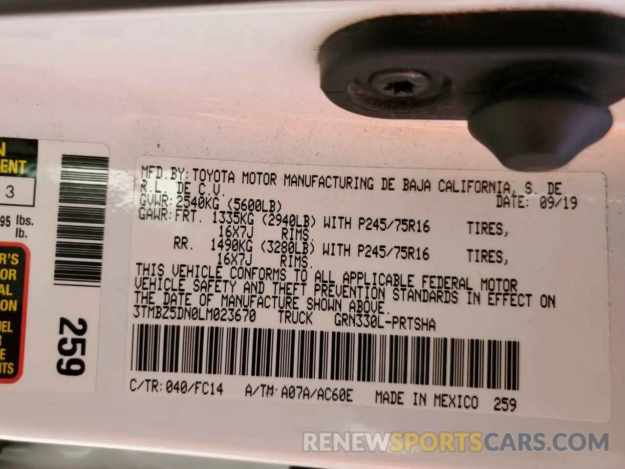 10 fotografías del automóvil dañado 3TMBZ5DN0LM023670 TOYOTA TACOMA 2020