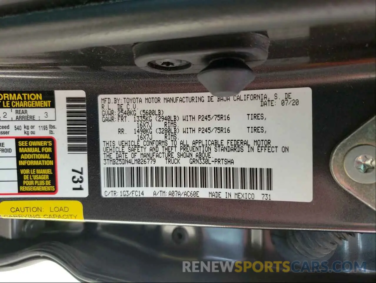 10 fotografías del automóvil dañado 3TMBZ5DN4LM026779 TOYOTA TACOMA 2020