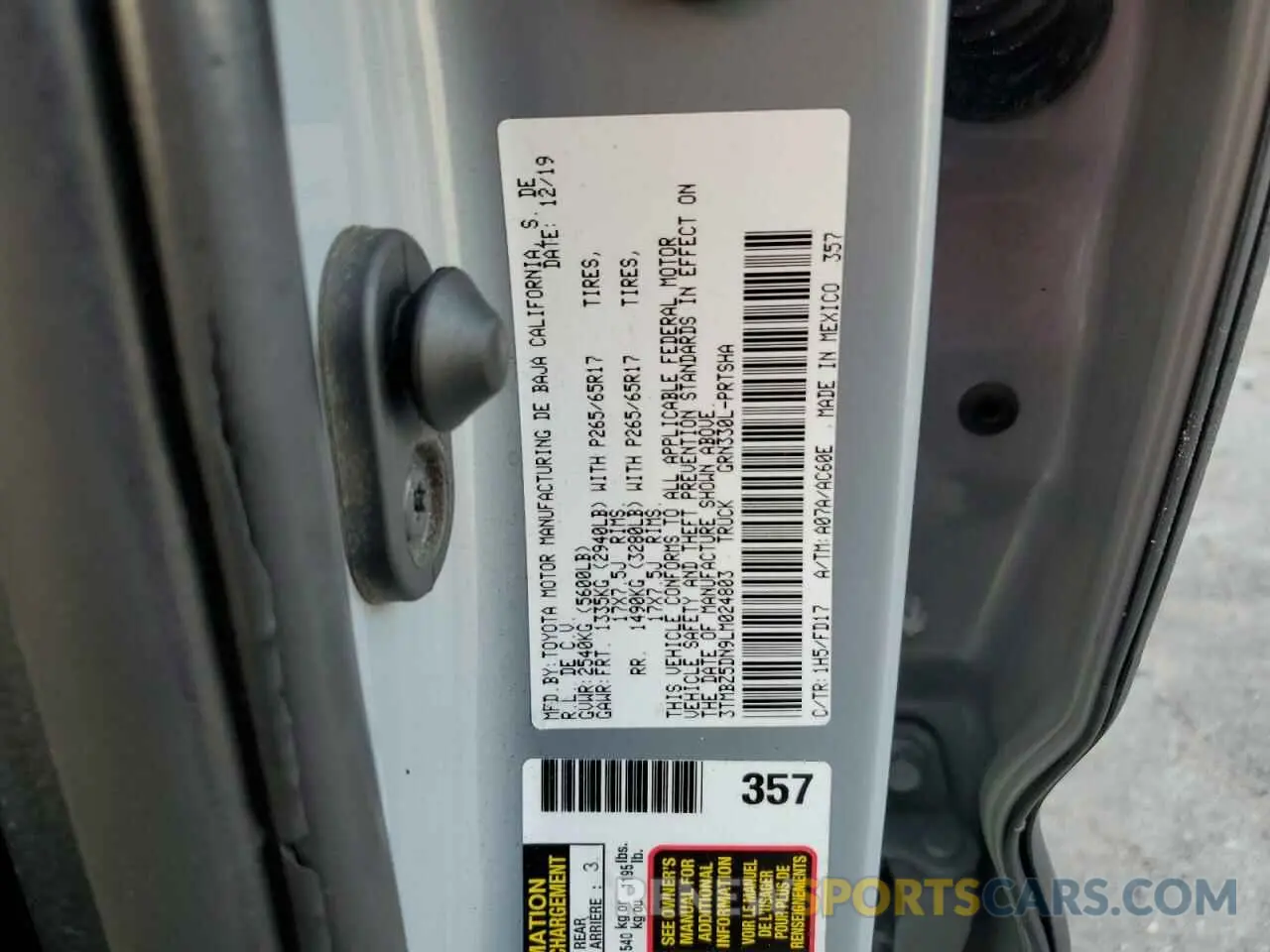 12 fotografías del automóvil dañado 3TMBZ5DN9LM024803 TOYOTA TACOMA 2020