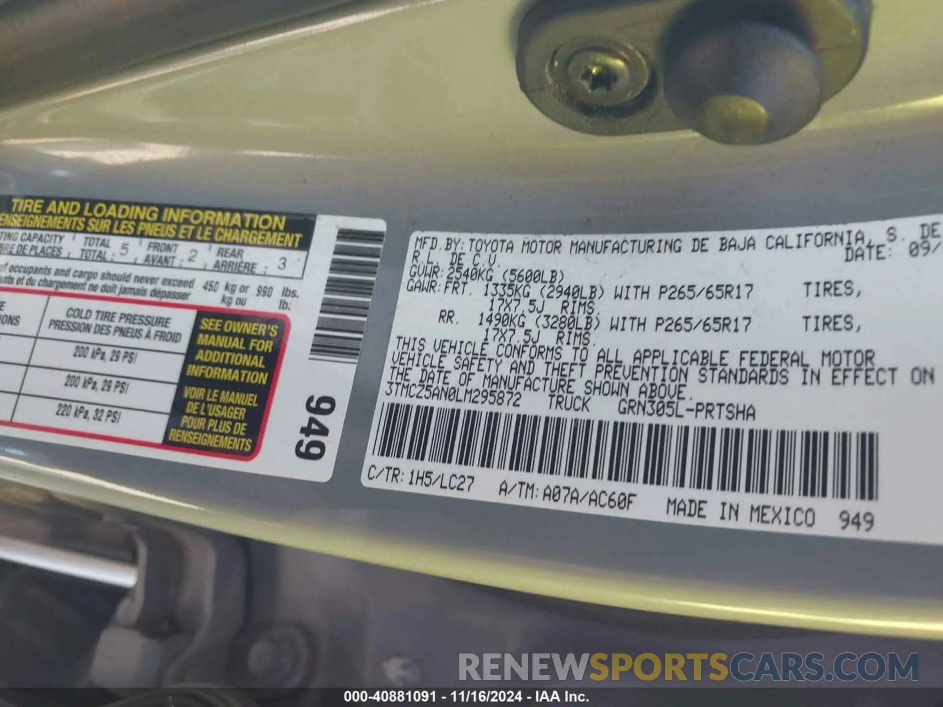 9 fotografías del automóvil dañado 3TMCZ5AN0LM295872 TOYOTA TACOMA 2020