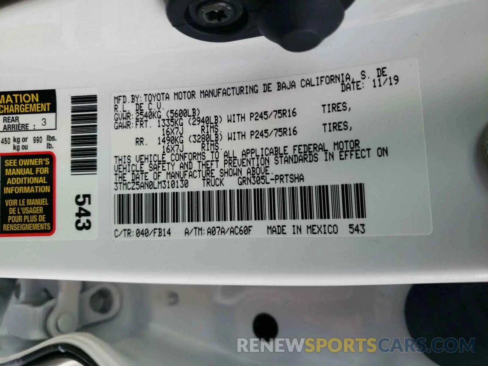 10 fotografías del automóvil dañado 3TMCZ5AN0LM310130 TOYOTA TACOMA 2020